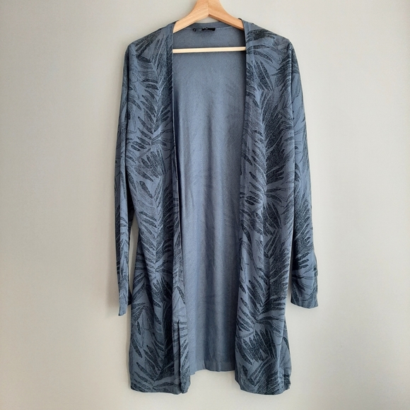 🍒 YEST Tropical Palm Leaf Print Open Front Long Light Knit Cardigan Blue Sz 14 - Picture 2 of 8